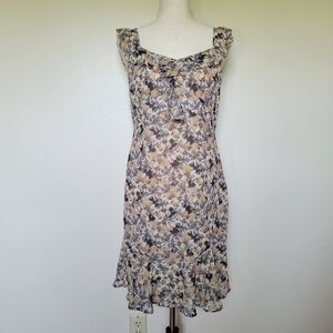 Loft Petites | Beige & Gray Floral Ruffle Dress